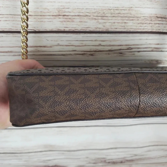 Michael Kors Jet Set East West Signature Brown/Red/Gold Perforated Crossbody Bag - Picture 5 of 16